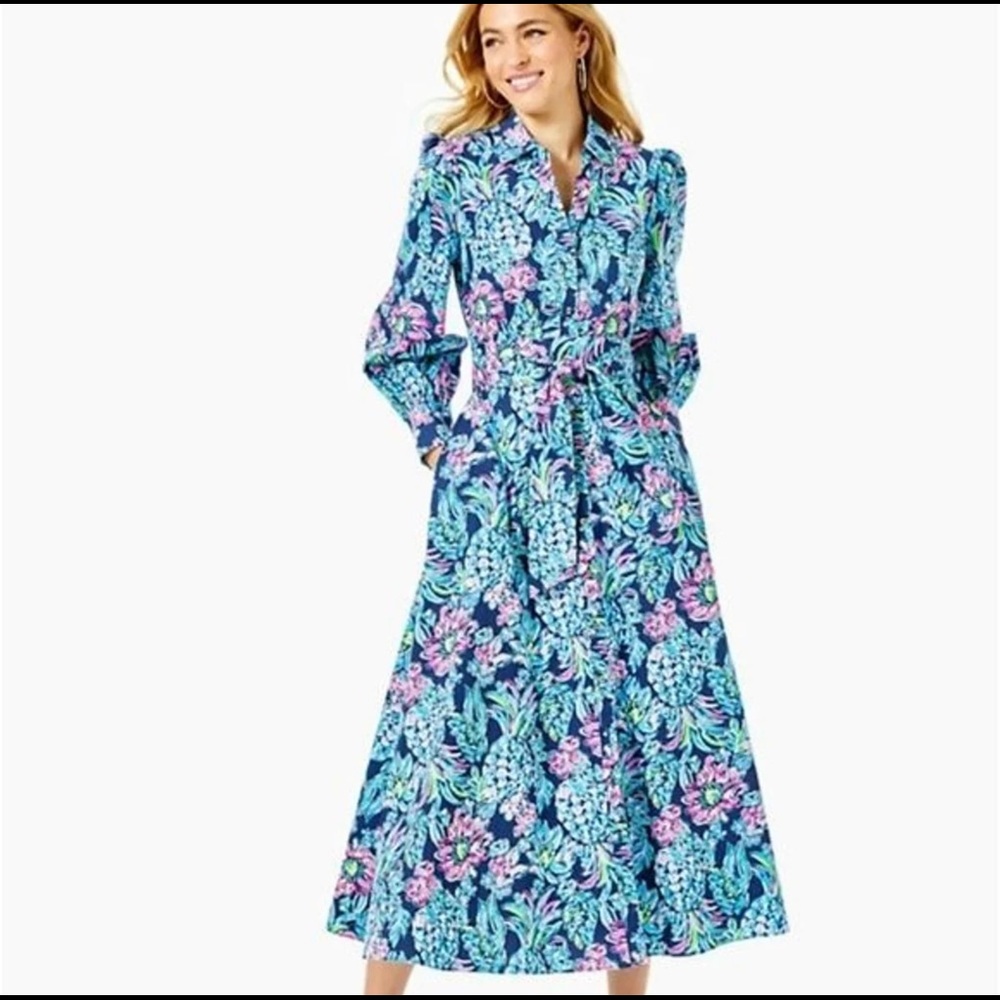 Lilly Pulitzer High Tide Navy Mira Stretch Midi Shirtdress Casual Maxi Dress